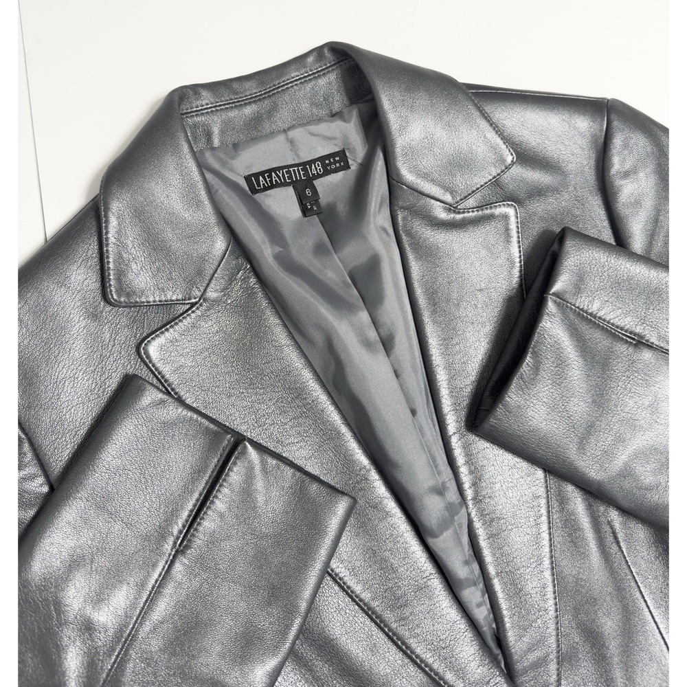 Lafayette 148 Women's 100% Leather Metallic Gray Silver Blazer 6 Business Career
